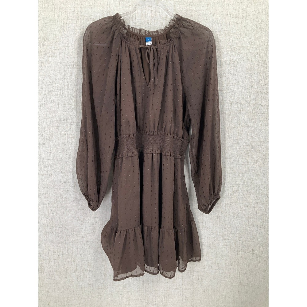 Old Navy Mini Dress Women L Brown Clip Dot Smocked Boho Tiered Metallic Earthy